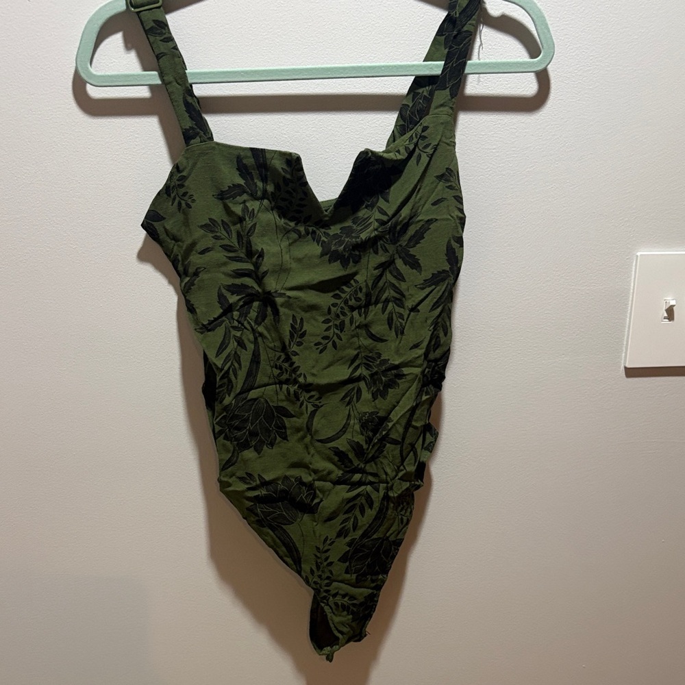 Free People Olive and Black Leaf Bodysuit